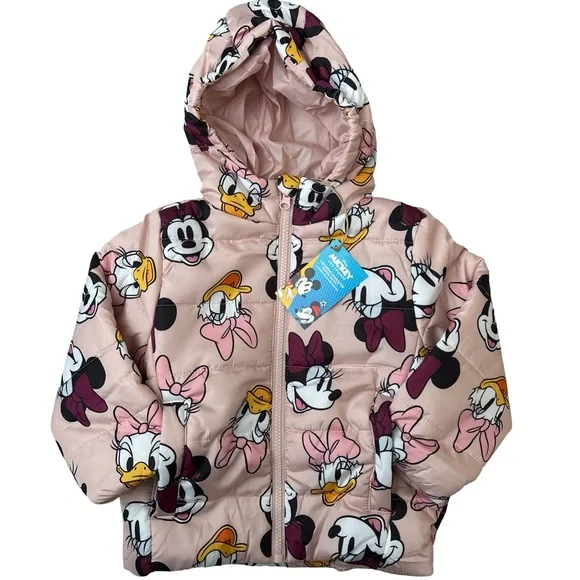 Disney Girls Minnie Mouse Daisy Duck Pink Hooded Winter Puffer Jacket Toddler 3T - Picture 4 of 16
